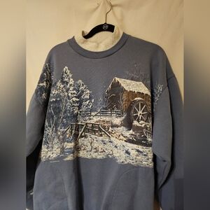 Vintage National Wildlife Blue Winter Scene Sweater Large